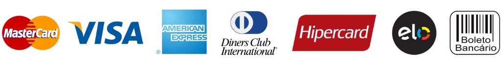 Formas de Pagamento: Mastercard, Visa, American Express, Diners, Hipercard, Elo, Boleto